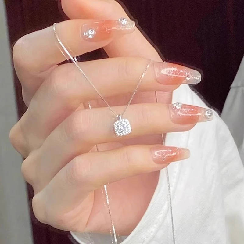 坠链均925银 纯银超闪单钻方糖项链女生轻奢小众设计感吊坠颈链