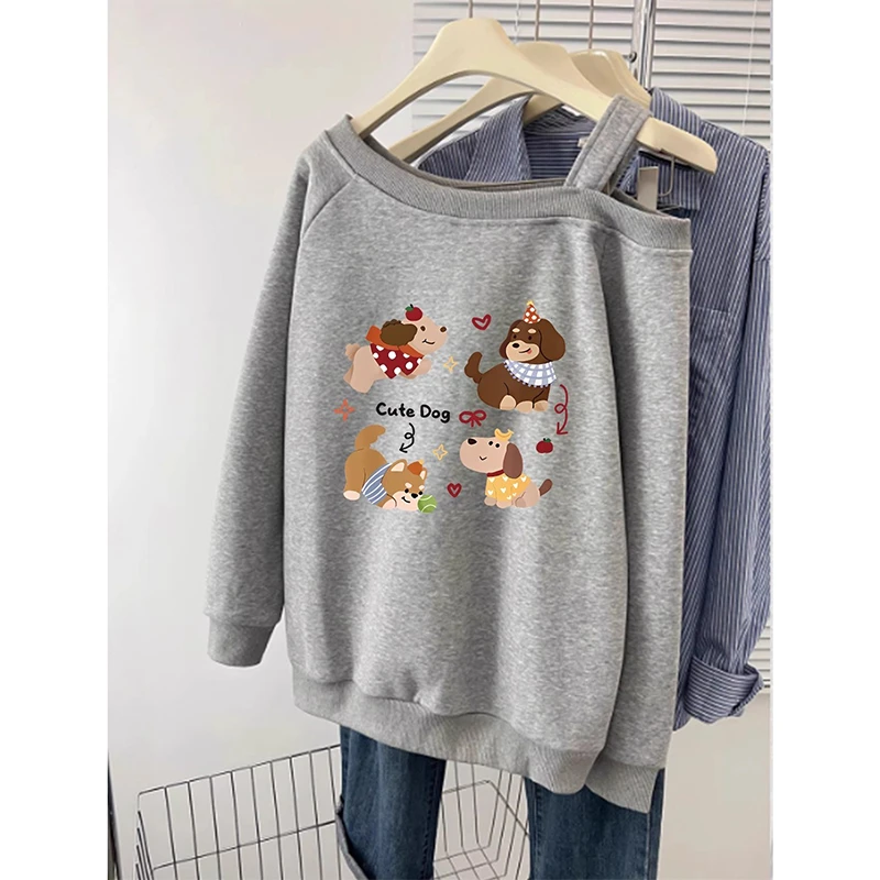 设计感大码宽松无帽卫衣女秋季2025新款胖mm印花斜领吊带漏肩上衣