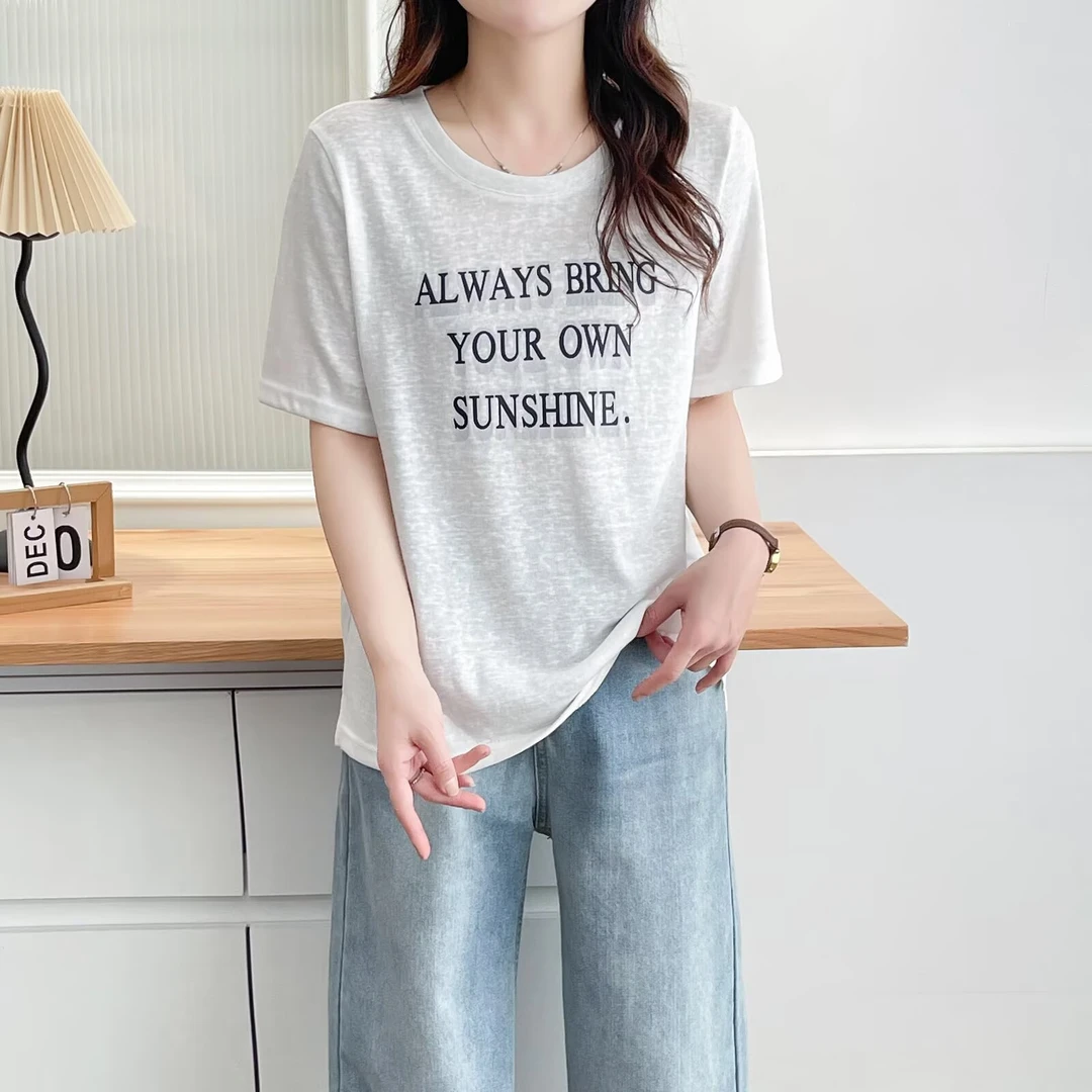 千寻--110-200斤大码女装夏装圆领时尚显瘦简约印花T恤印花短袖