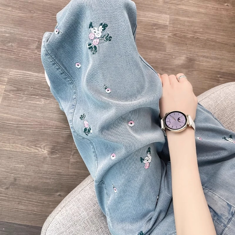 天丝窄版阔腿牛仔裤女夏季薄款2025新款新中式刺绣绣花直筒拖地裤