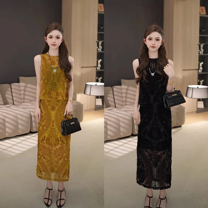 高级感轻奢复古新中式套装裙2025夏季新款后背开叉提花裙子套装