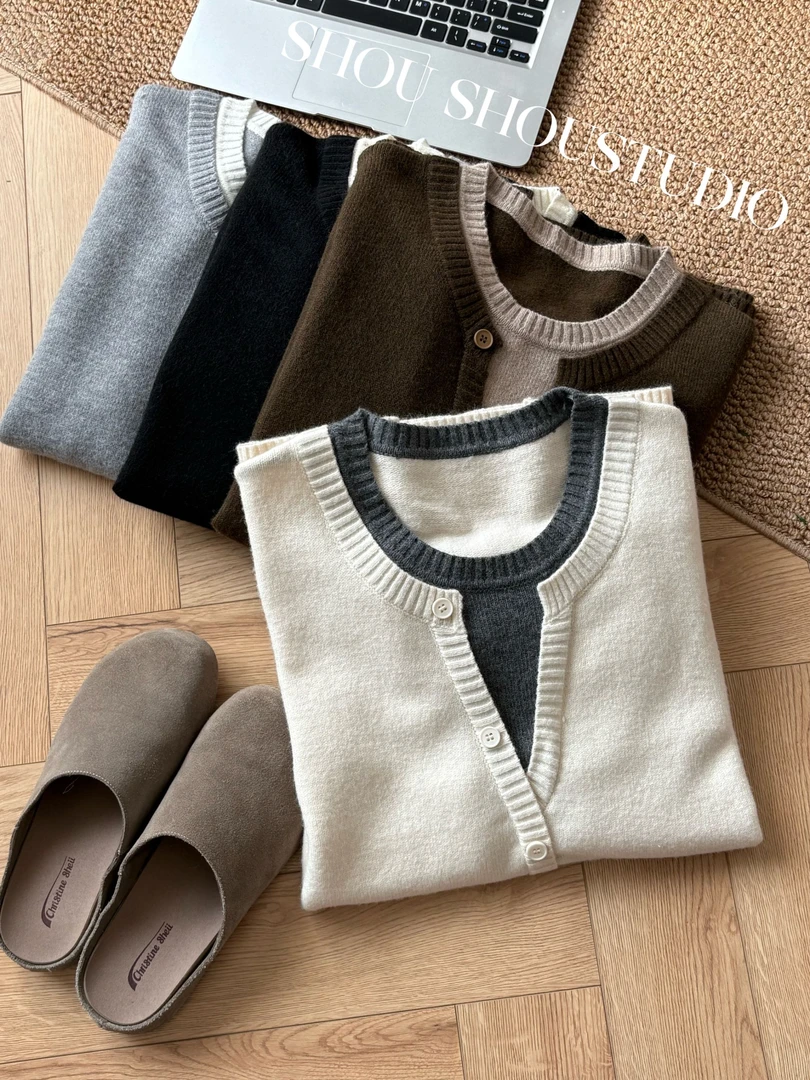 【瘦瘦】大码V领假两件山羊绒半门襟氛围百搭宽松套头毛衣S02129