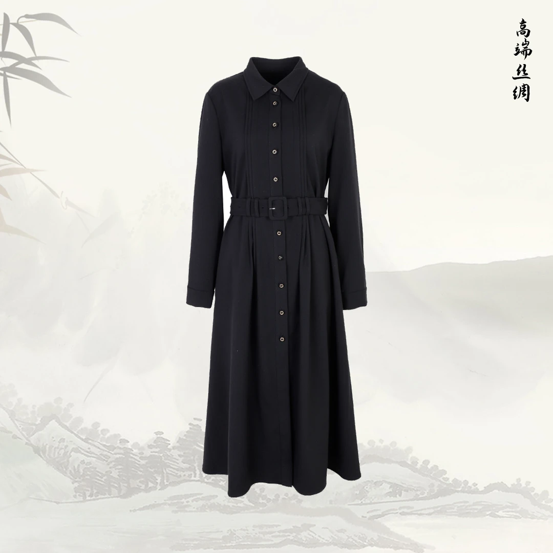 秋冬百搭翻领系扣压褶长袖连衣裙优雅黑色系带收腰长裙33937