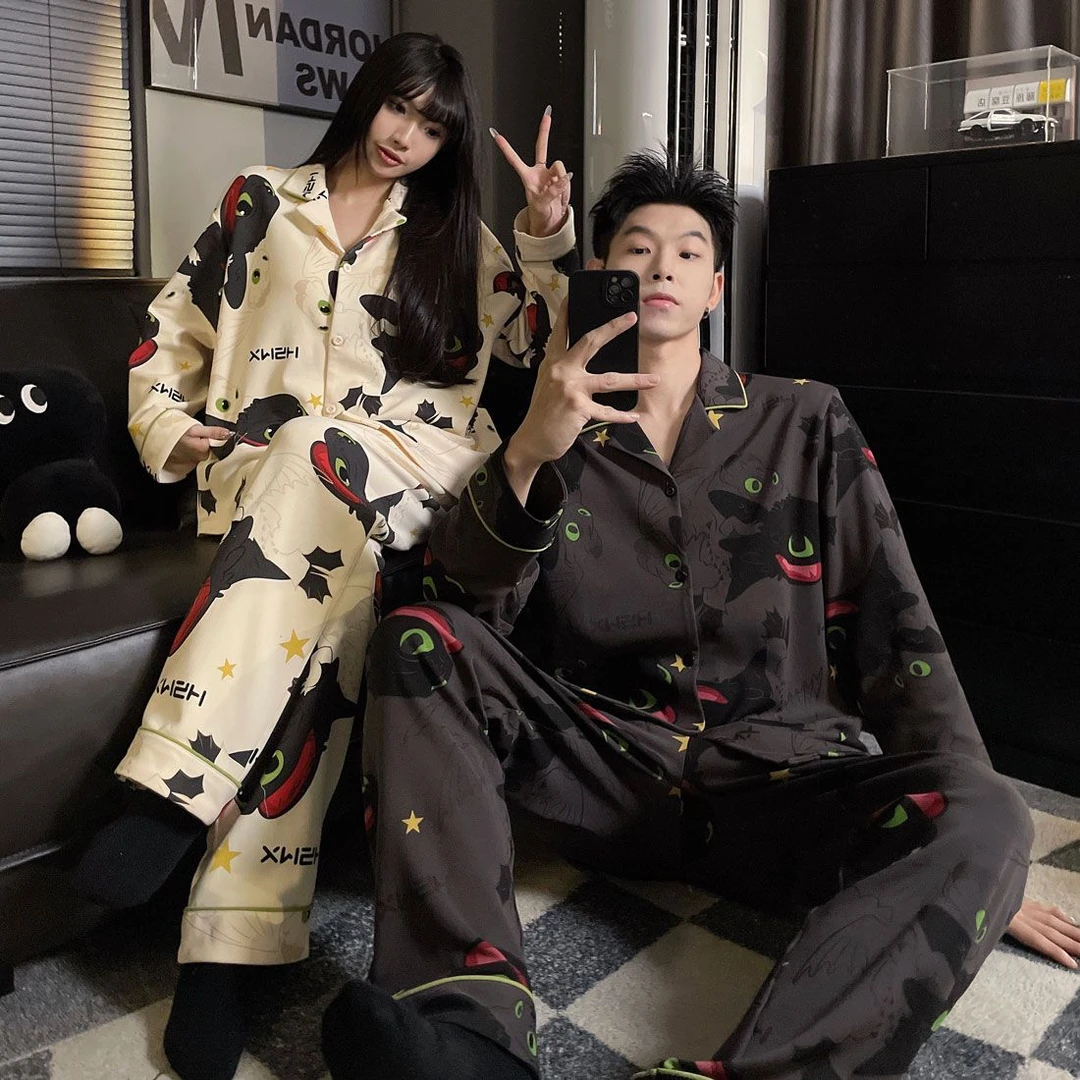 情侣睡衣女春夏季带胸垫薄款长袖长裤棉休闲韩版男士可外穿家居服