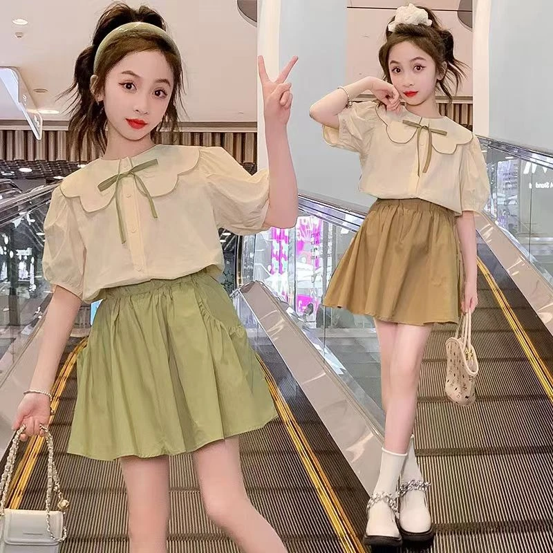 现货女童夏装套装洋气新款儿童夏季网红娃娃领短袖女孩休闲两件套