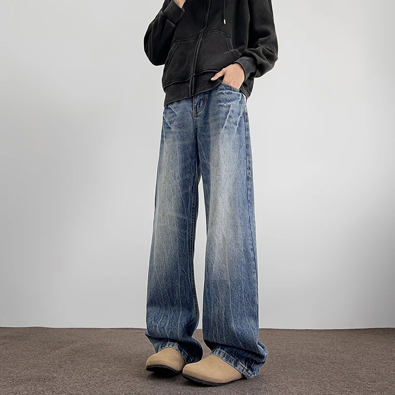 春季cleanfit闪电纹美式复古牛仔裤男款宽松直筒情侣潮牌长裤子男