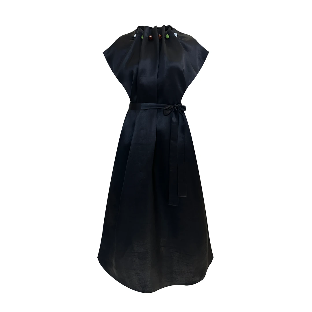 【芳悦格】 2025新款串珠重磅香云纱捏褶时尚设计款连衣裙F25136