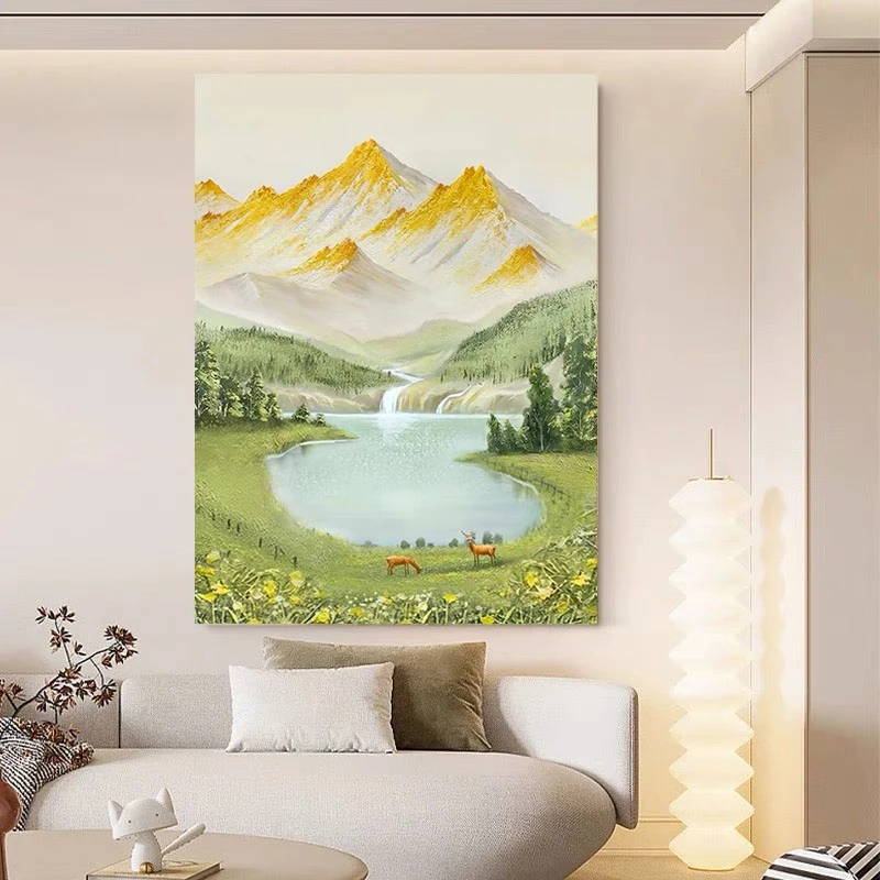 纯手绘山水风景聚宝盆油画客厅沙发背景墙装饰画玄关高级感挂画