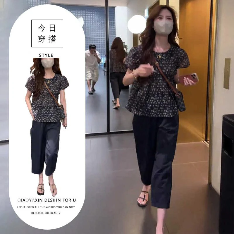 夏季穿搭一整套女2025新款雪纺碎花短袖衬衫九分休闲裤时尚两件套