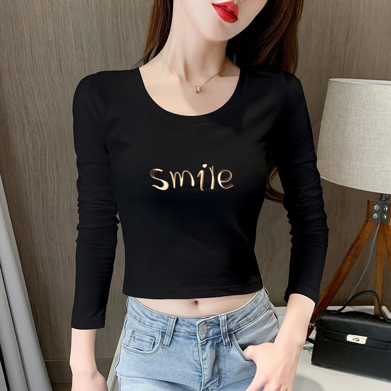黑色长袖t恤女短款圆领修身纯棉2025春秋季新款百搭露肚脐上衣女