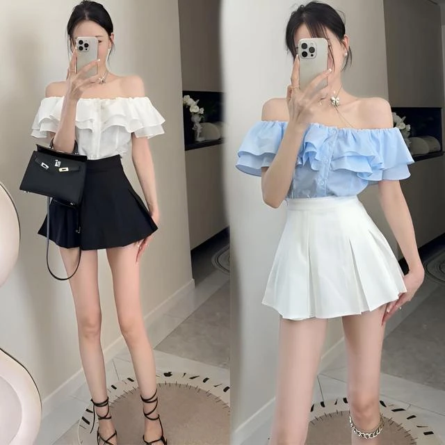 时尚洋气辣妹一字领露肩荷叶边纯色别致衬衫高腰A字百褶裙套装女