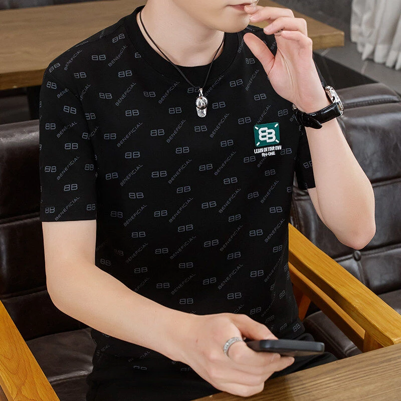 【高品质 冰棉T恤】字母印花短袖男士新款夏季刺绣宽松时尚25337-A