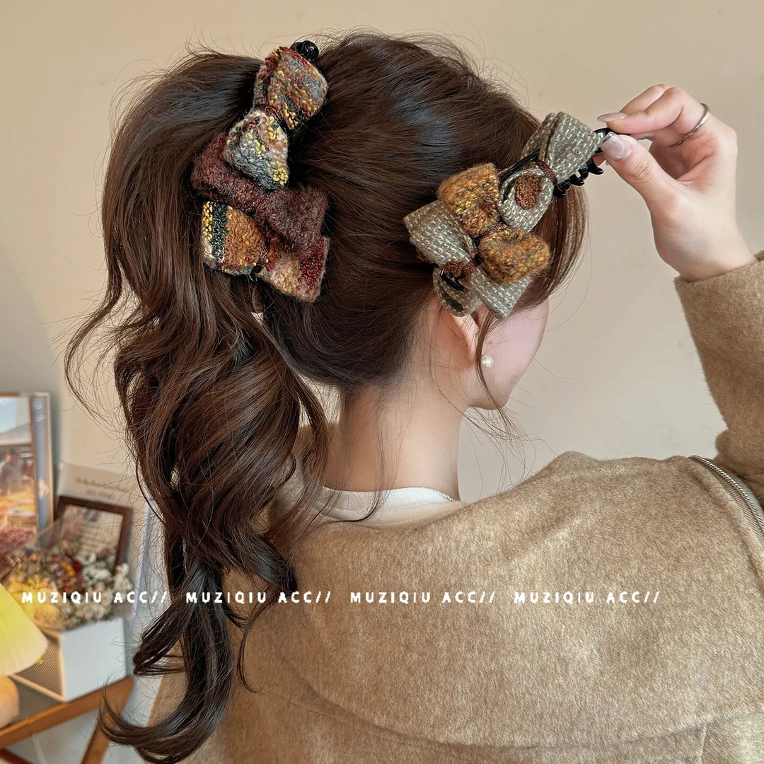 木子秋高级感气质小香风蝴蝶结高马尾盘发香蕉夹精致时髦韩版抓夹