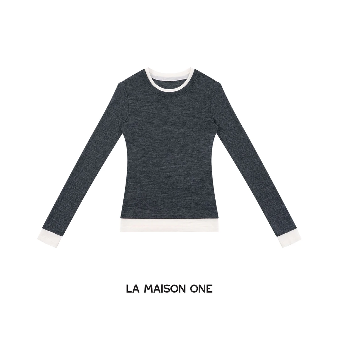 LA MAISON ONE 100羊毛假两件打底叠穿撞色长袖T恤L253T074
