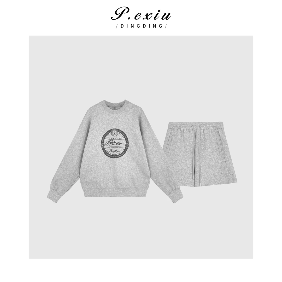 PanYiXiu/潘依绣美式简约百搭印花长袖卫衣短裤套装 SH98813
