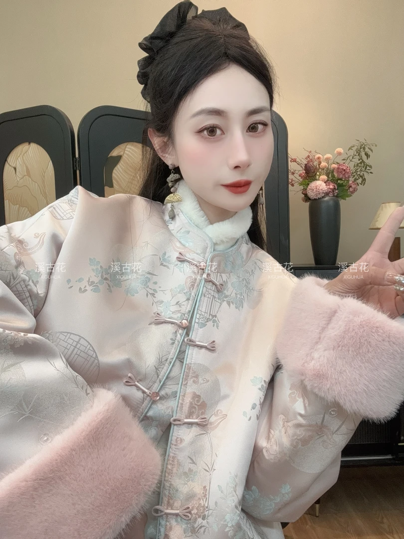 【绘梦】时尚百搭新中式棉衣女织锦缎显瘦加厚冬季气质盘扣棉衣