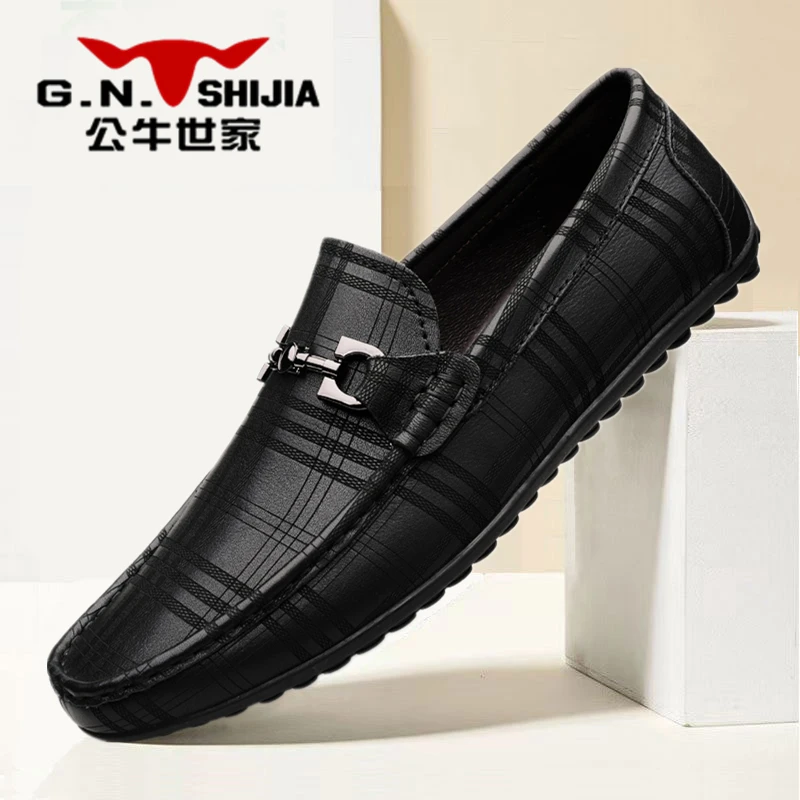 G.N.Shi Jia/公牛世家男士休闲真皮豆豆鞋透气皮鞋男时尚格纹百搭
