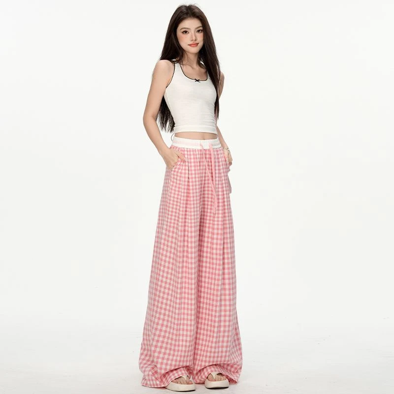 夏季薄款粉色格子阔腿休闲裤女2025新款宽松高腰韩系垂感直筒裤子