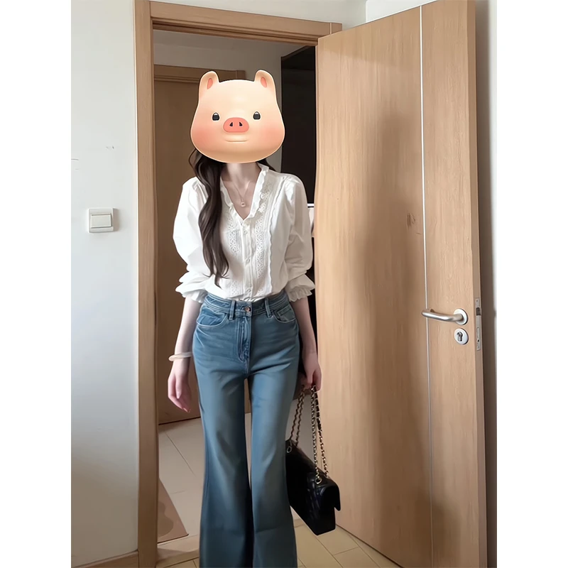 20205新款女士夏季温柔风泡泡袖花边V领设计感衬衫上衣高腰牛仔裤