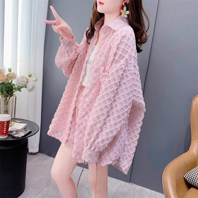 2025年夏季新款韩版宽松大码女装长袖薄款防晒衬衫+短裤两件套装