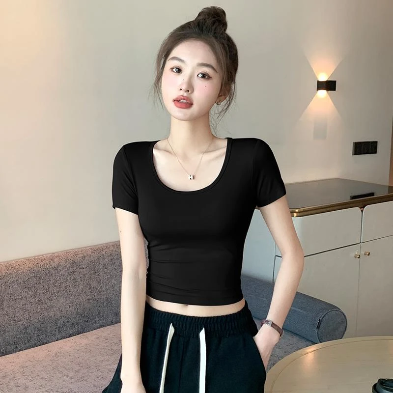 黑色莫代尔短款T恤女夏U领短袖高腰露脐紧身上衣薄款冰丝面膜半袖