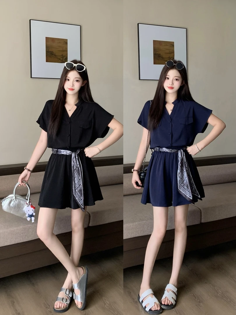 2025新款大码夏装时尚丝巾装饰V领上衣短裤阔腿裤显瘦套装22525