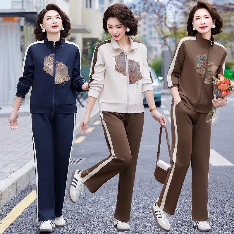 妈妈春装洋气外套中年女装2025新款运动服中老年春秋休闲长袖套装