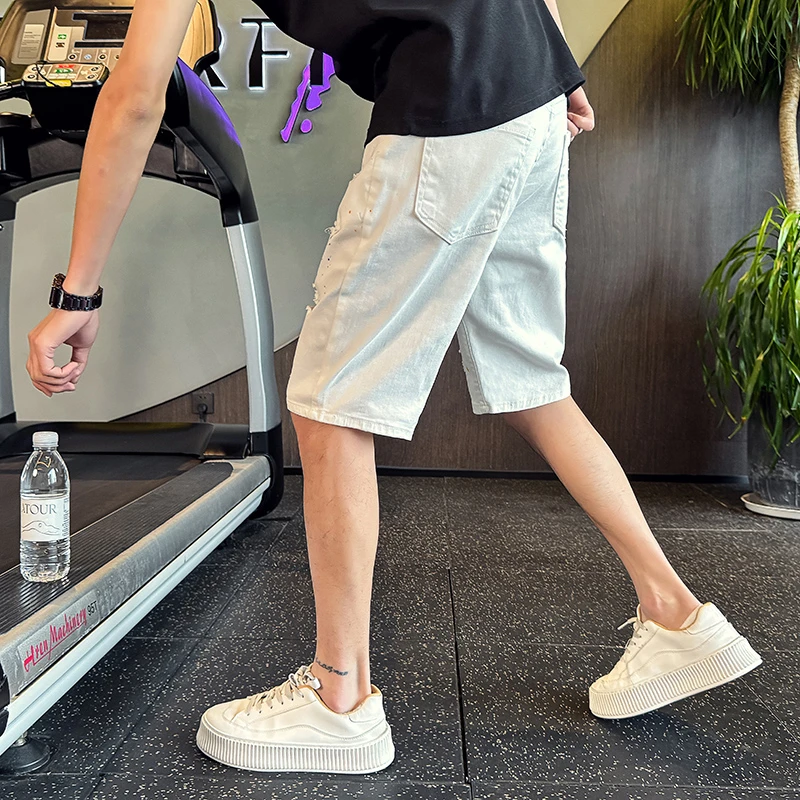 男士牛仔短裤夏季潮流泼墨破洞五分裤2025新款百搭直筒休闲大裤衩