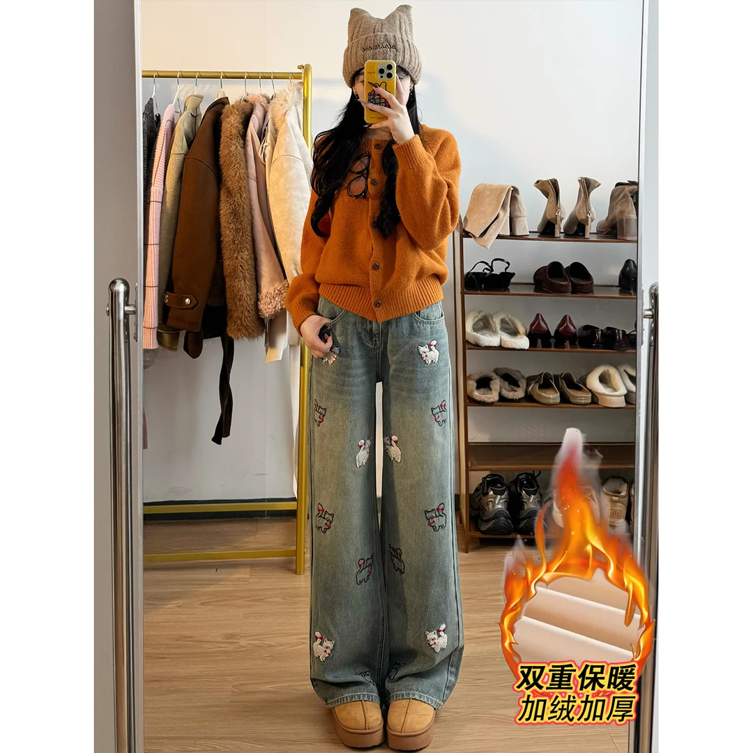 秋冬季新款怀旧蓝高腰女装牛仔裤个性设计修身版型直筒阔腿裤