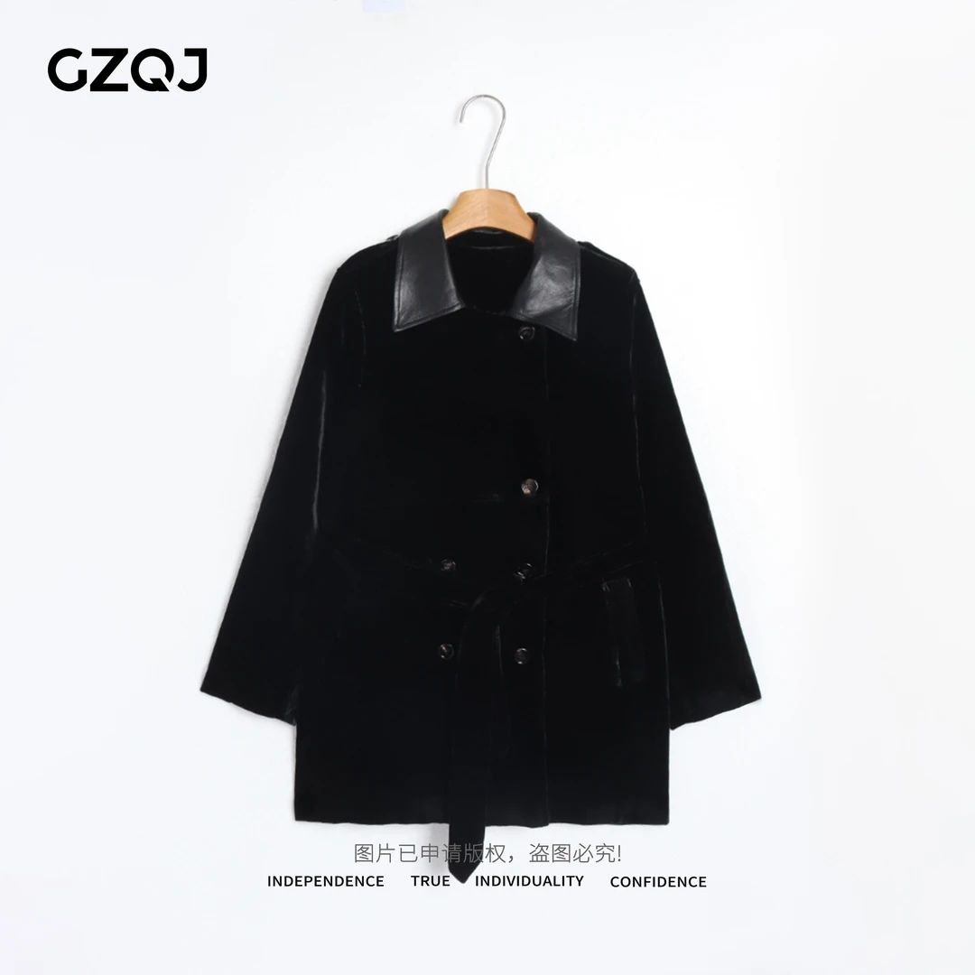 老琴私服【一件封神】复古法式羊皮领拼接真丝丝绒外套秋季新款4179