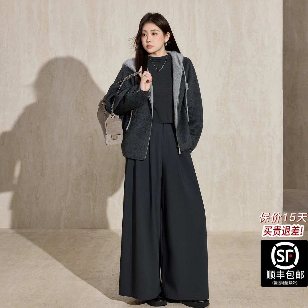 蓝语大码女装连帽短款灰色系秋冬冬季毛呢外套休闲风法式长袖新款