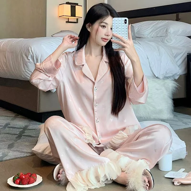 睡衣女爆款2025新款冰丝春秋季长袖两件套女士高级感可外穿家居服