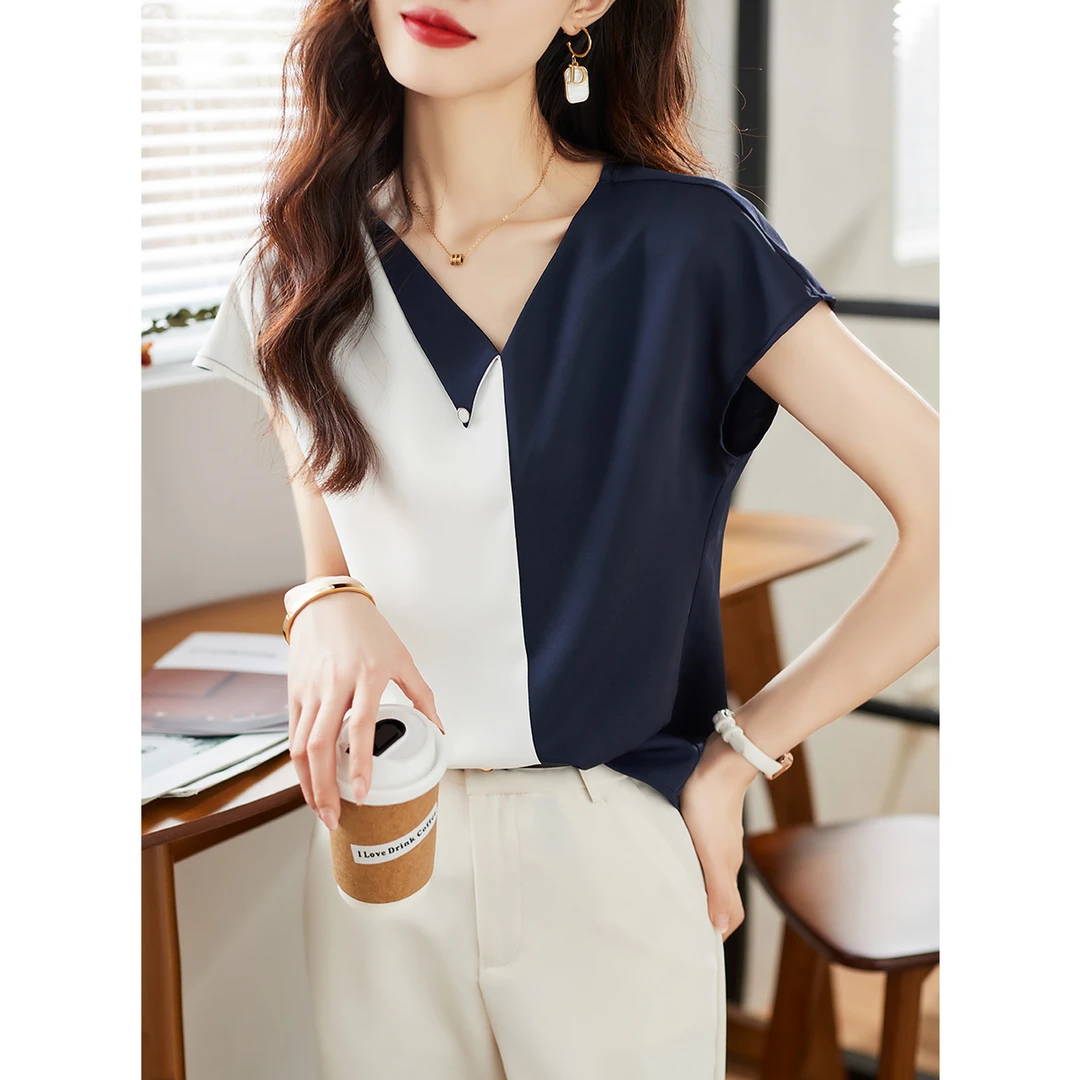 XWI/欣未高级薄款拼接短袖上衣2025夏季轻薄舒适简约女士T恤