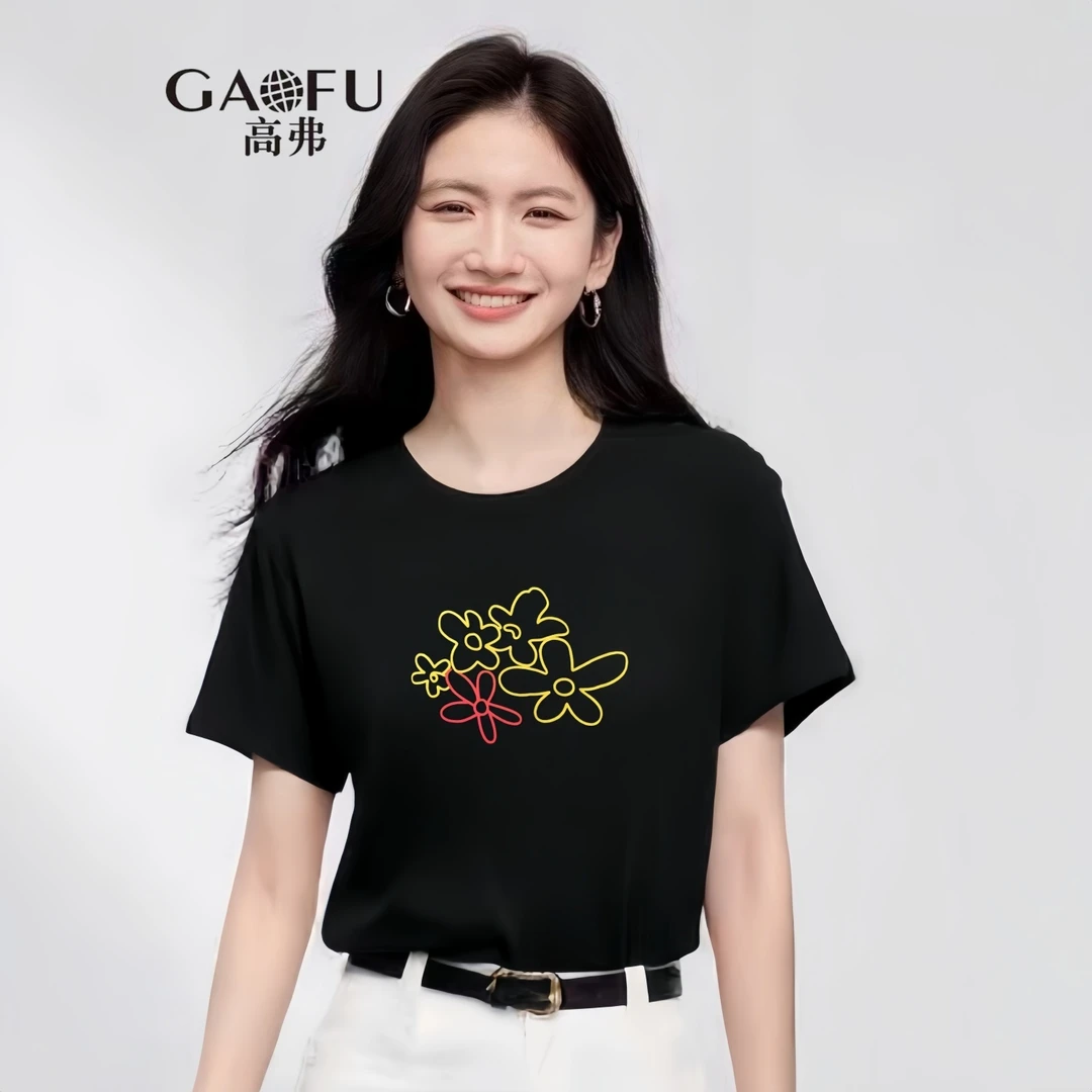 【清 -清-清】高弗/GAOFU 高弹螺纹精棉 幸运五叶草夏季T恤女 A3535