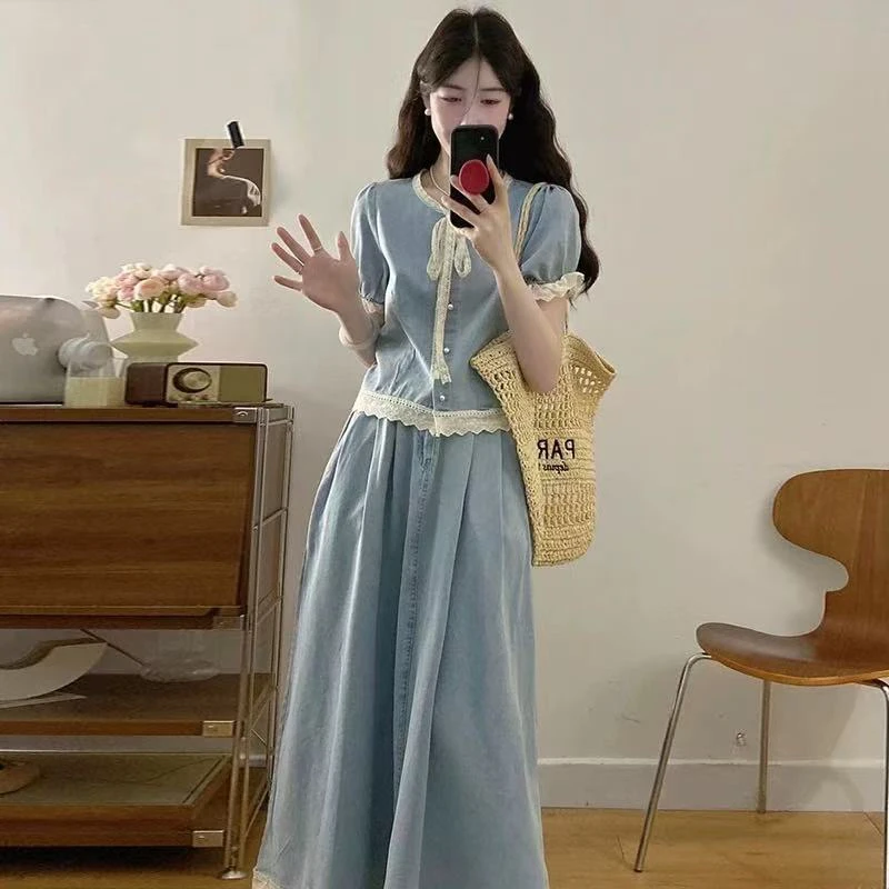 大码胖mm夏季法式复古高级感小香风牛仔上衣与半身裙搭配套装