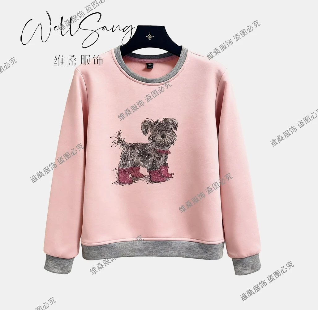 【秋冬银狐薄绒】精致女性 潮流时尚舒适显瘦烫钻百搭圆领卫衣#9964