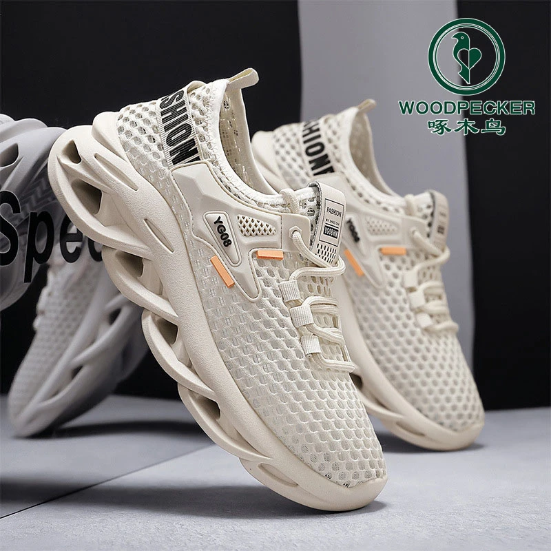 啄木鸟2025夏季新款日常跑步运动系带潮男鞋大网眼网布透气低帮运