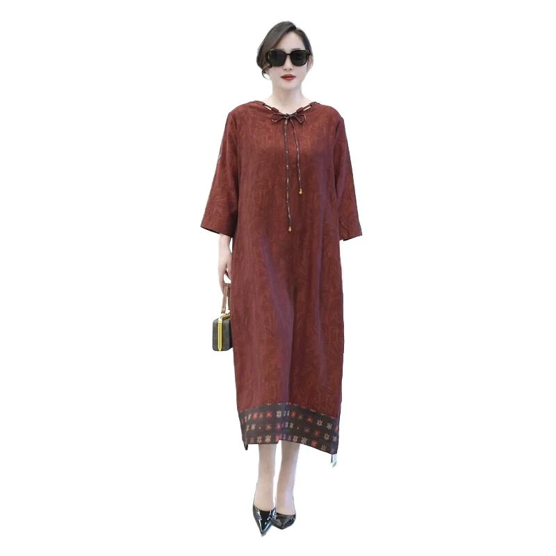 75061春夏季复古风休闲中袖连衣裙宽松显瘦大码女装