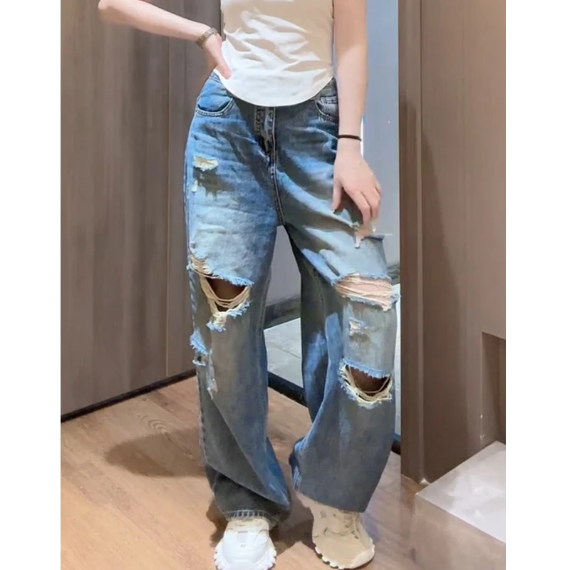 蓝色牛仔裤女士2025夏季新款爆款裤子显瘦长裤高腰破洞阔腿裤时尚