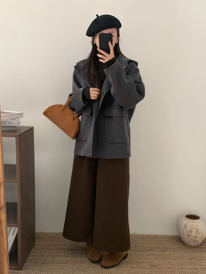 连帽双面大衣女短款宽松减龄小个子毛呢外套秋冬季