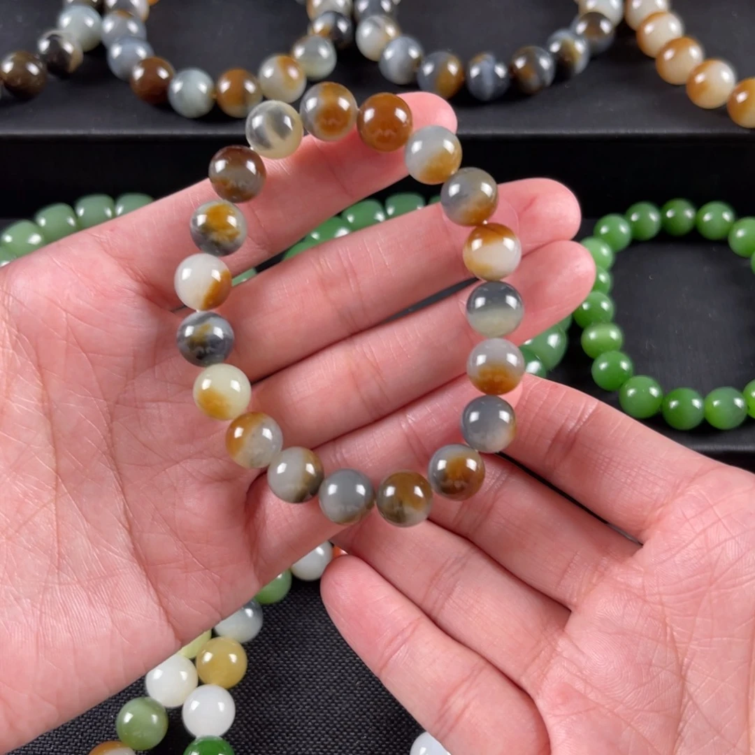 和田玉手串未镶嵌卡10颗颗三色
