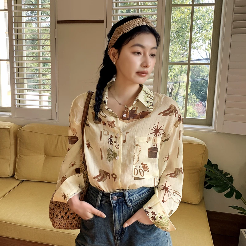 2025春季新款时尚洋气复古印花苎麻衬衫上衣女外穿长袖衬衣女薄款