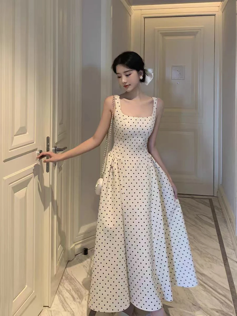 法式方领波点吊带连衣裙女2025巨好看收腰显瘦a字短裙9858/9857