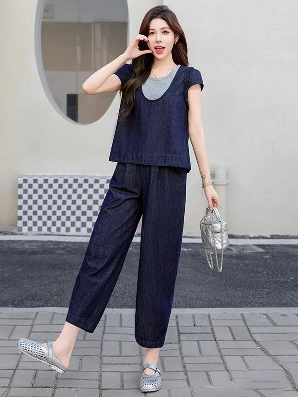 时尚洋气休闲设计感短袖牛仔套装女2025夏季新款小众哈伦裤两件套
