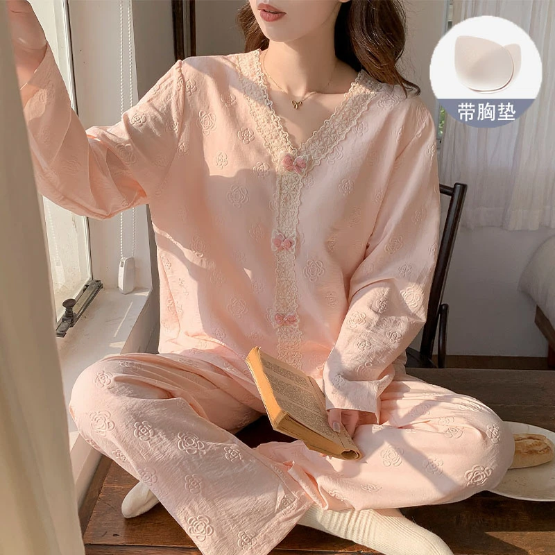 自带胸垫长袖睡衣女士春秋季2025新款云朵棉甜美花边蝴蝶结家居服