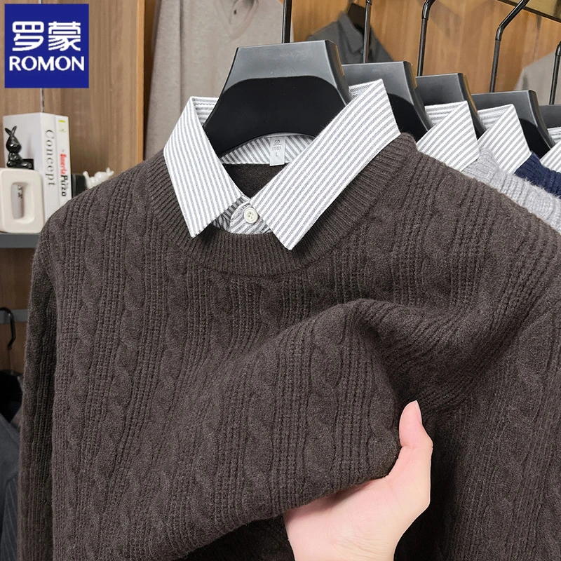 罗蒙含绵羊毛冬季加厚衬衫领绞花针织长袖毛衣假两件男士打底衫