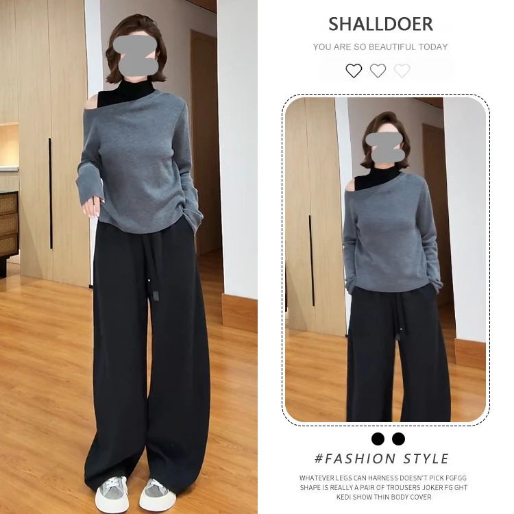 2025独特韩系拼色露肩假两件套头针织衫时尚休闲裤两件套气质女士