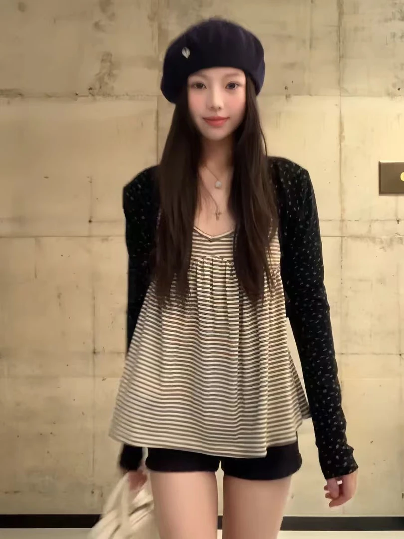 【现货6963】韩系减龄条纹吊带背心+印花长袖开衫两件套时尚套装女