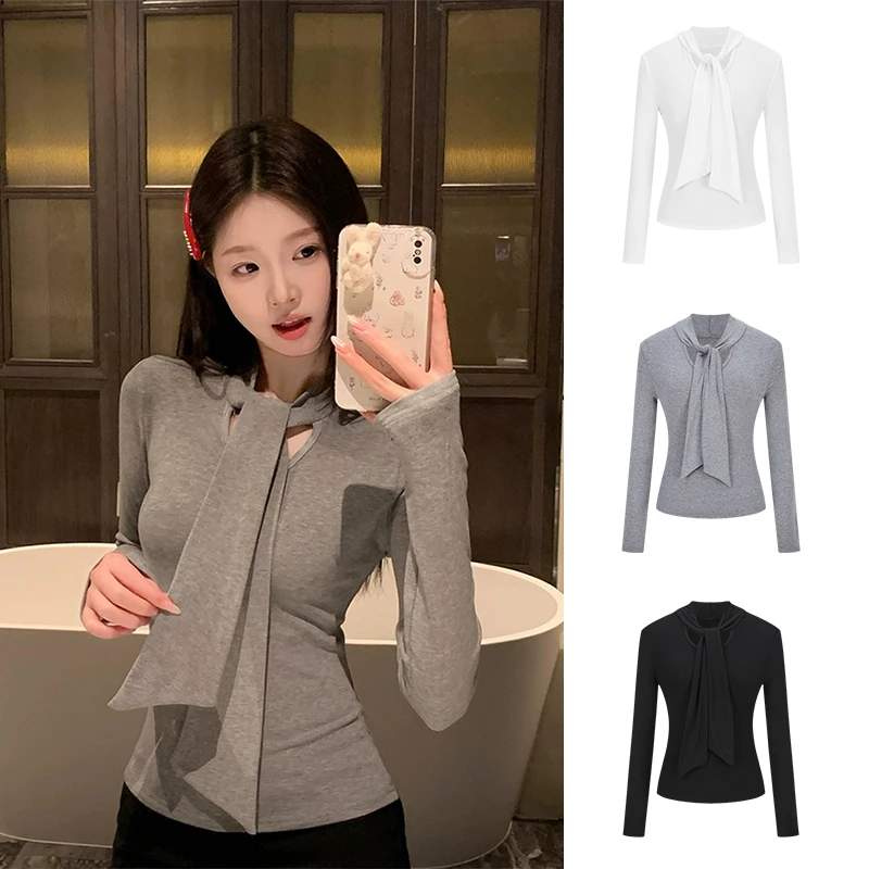 Moses Queen/魔西女王纯欲风系带设计感打底衫不规则显瘦长袖T恤