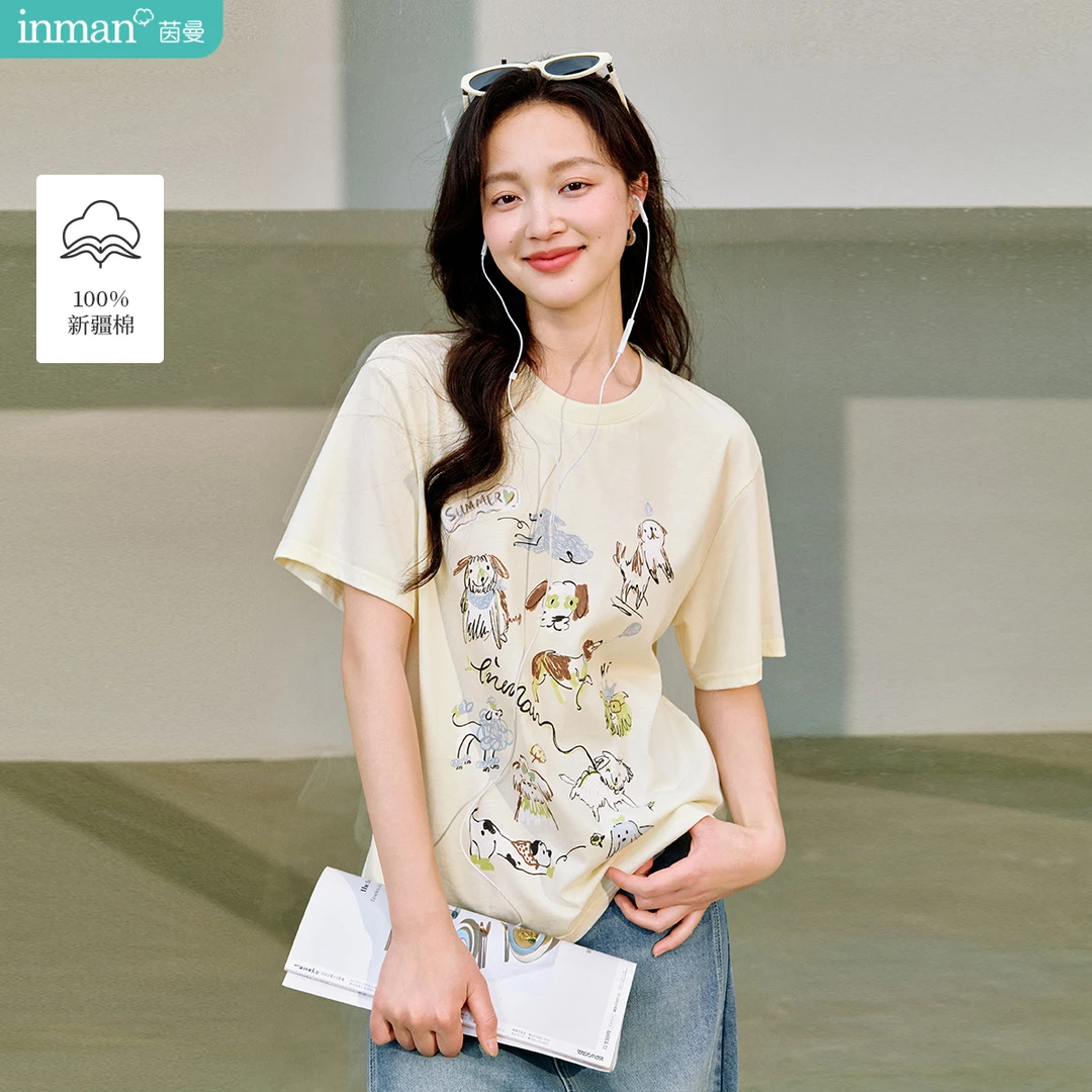茵曼2025秋季女装新款个性圆领字母标语闪片刺绣百搭棉质短袖T恤